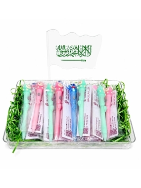 A basket of 20 pens with a flashlight, featuring the Saudi flag and various characters Saudi National Day.