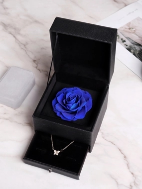 Necklace with Blue Rose That Lives for a Year & a Drawer Gift Box