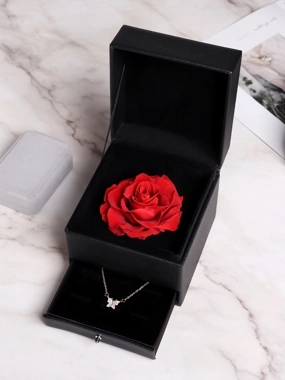 Necklace with Red Rose That Lives for a Year & a Drawer Gift Box