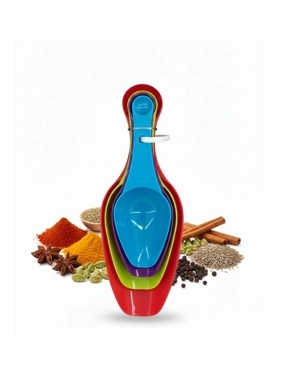 A set of colorful measuring cups in multiple sizes