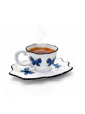 Ceramic coffee cup with blue butterfly design and an elegant, calming saucer.
