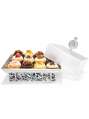 A luxurious dessert serving dish with a semi-transparent acrylic lid decorated with the phrase Ramadan