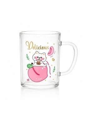 A clear glass mug with a cute cat design