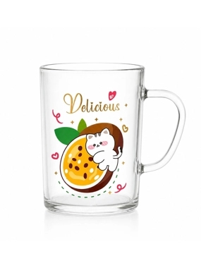 A clear glass mug with a cute cat design1