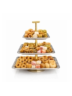 Luxury Three-Tier Dessert Serving Stand Silver Stainless Steel with Gold Column