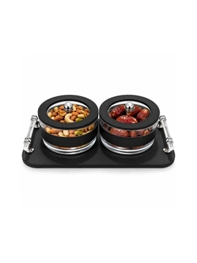 Black Serving Tray Set with 2 Glass Bowls