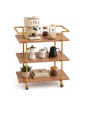 3-Tier Coffee Serving Cart – Wooden Shelves with Gold Frame
