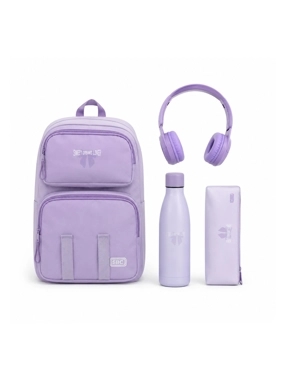 4-in-1 Kids' School Bag – Purple, 17-inch, with Pencil Case, Water Bottle, and Headphones.