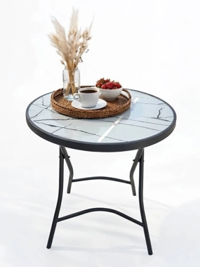Round folding glass table with a marble pattern, 27*27 - 28 cm high
