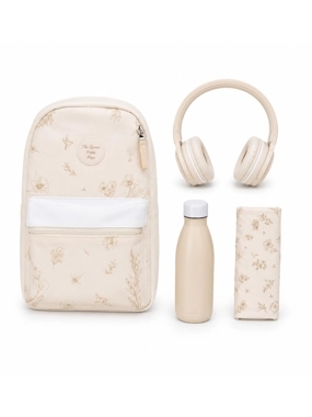 4-in-1 Kids' School Bag – Premium Beige, 17-inch, includes pencil case, water bottle, and headphones.