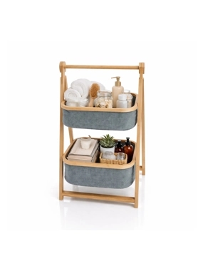 Luxury wooden storage organizer with two-tiered fabric baskets