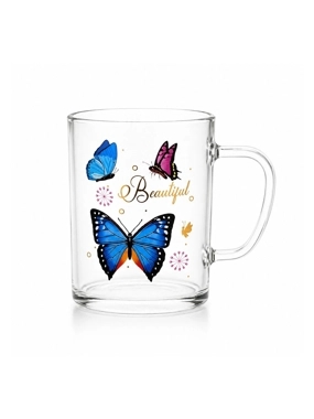 Clear glass cup with a butterfly design