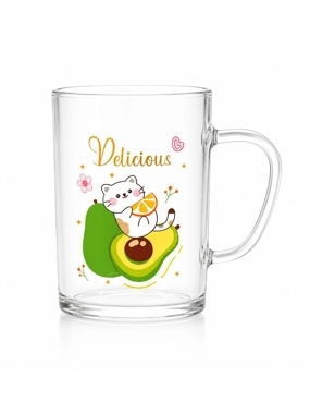 Clear glass mug with a cat and avocado design