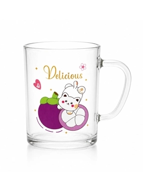 A clear glass cup with a mischievous cat design