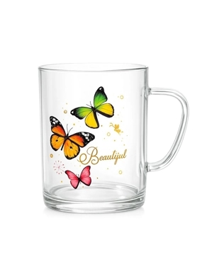 A clear glass cup with a design of three butterflies