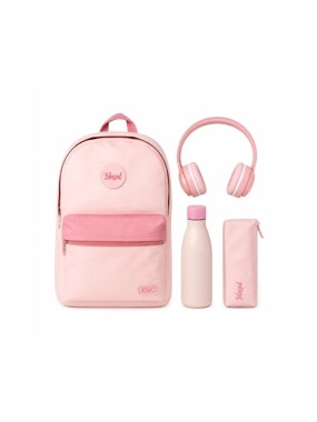 4-in-1 Kids' School Bag – Pink, 17-inch, with Pencil Case, Water Bottle, and Headphones.