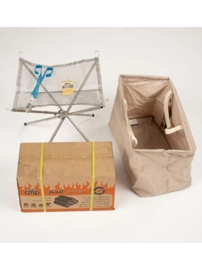 Complete Shabbah Package — firewood, grill mesh, charcoal, matches, tongs — ideal for camping and outdoor trips.