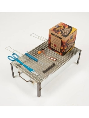 Full BBQ Package — cleaning brush, grill mesh, charcoal stove, fire tongs, briquette charcoal, ignition gun — perfect for desert trips.