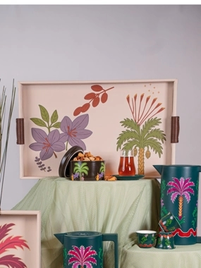 Beige Serving Tray with Floral and Palm Pattern from Naqaa