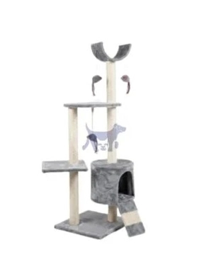Multi-tiered climbing tower for cats with scratcher and mouse-shaped toys