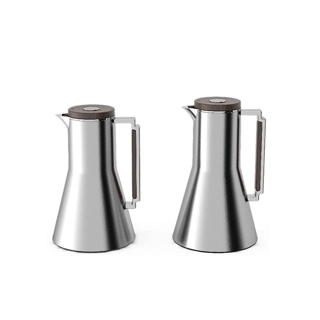 Isabel thermos set from Tavolo is made of stainless steel and features a wooden lid and handle.