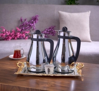 Aurora Thermos Set from Tavolo Made of high-quality metal, featuring a silver color with a marble-patterned lid