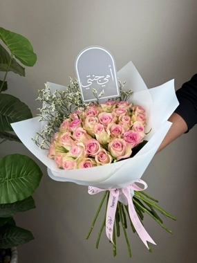 Pink rose bouquet with a plant