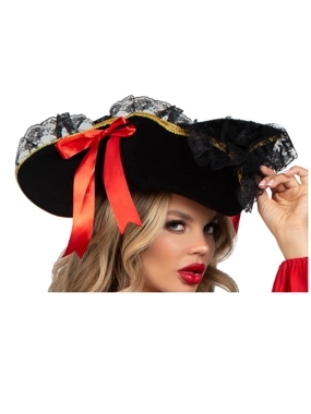 Women's Swashbuckler Hat with Lace Trim and Satin Bows