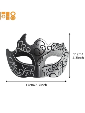 Venetian Masquerade Mask, Black & Silver Glitter Scroll