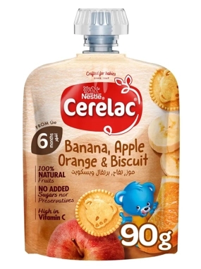 Cerelac Baby Food Fruits and Biscuits Puree Pouch Banana, Apple, Orange & Biscuit, 90G (6 months+)