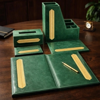 Luxury desk set adorned with hand-crafted zari - Green with Gold zari