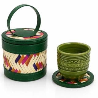 Craft mug with coaster and bag made from hand-woven wicker - brown