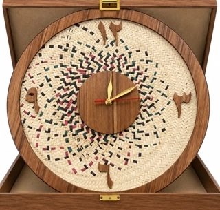 A wall clock made of hand-crafted wood and wicker