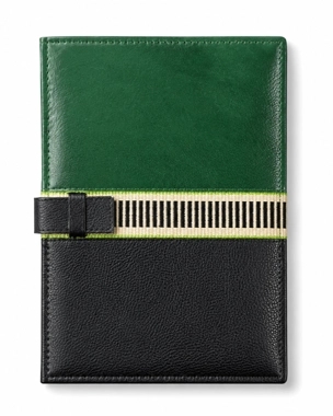 A handcrafted notebook folder decorated with hand-woven Sadu embroidery.