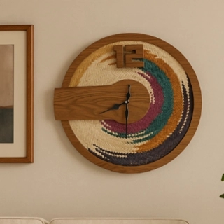 A wall clock made of hand-crafted wood and wicker
