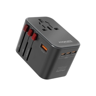 GaNFast™ Power Delivery 75W Universal Travel Adapter with 3 USB-C Ports, 2 30W Quick Charge 3.0 Ports, Built-in Power Outlets, Sleek and Modern Design