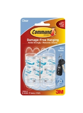 COMMAND 6PCS MINI HOOK W. 8STRIPS CLEAR