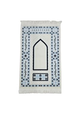 Reve - Megane Premium Quality Velvet Islamic Prayer Mat White and Blue 70 x 110cm