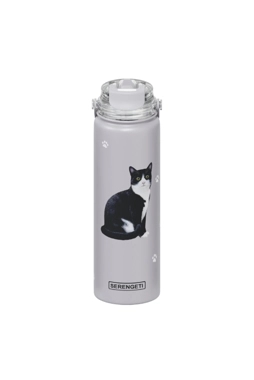 E&S Pets - Double Wall Vacuum Insulation Black and White Cat Printed Water Bottle Grey 24 oz