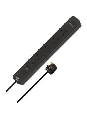 Brennenstuhl - Ecolor 4-Way 2-USB Power Strip with Safety Fuse Button Black 3 m