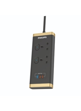 Philips - 2-Plug Extension Cord with USB-A and USB-C Port Black and Gold 2 m