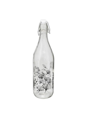 Secret de Gourmet - White Floral Printed Glass Bottle Clear and Black 1 L