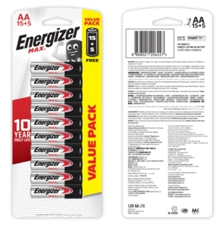 Energizer - 20-Piece Max AA Battery Set Silver and Black 16.5 x 23.5 x 37.5 cm