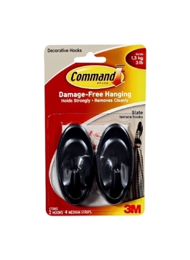 COMMAND 2PCS TERRACE HOOK &4 STRIP BLACK