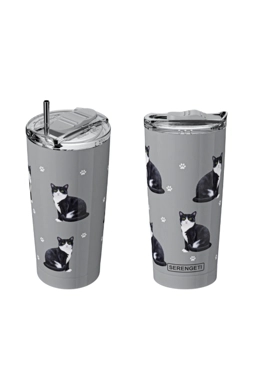 E&S Pets - Double-Wall Vacuum Insulated Black and White Cat Printed Serengeti Tumbler Grey 20 oz