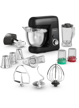 Moulinex - 1100W Bake Partner Kitchen Machine with 7-Attachment Black and Silver 4.6 L