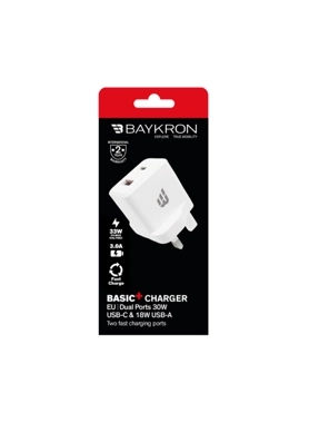 Baykron - 30W Dual Port USB-C and USB-A Basic Wall Charger White 4.5 x 6.5 x 14.5 cm