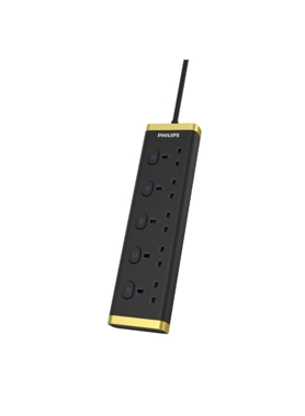 Philips - 13A 5-UK Ultra Slim Plug Automatic Safety Shutter Extension Cord Black and Gold 3 m