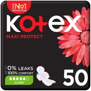 Kotex Maxi Protect Thick Pads, Super Size Sanitary Pads with Wings, 50Pieces