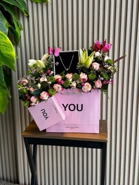 Silver Necklace with Baby Rose and Green Cherry, and Light Bracelets